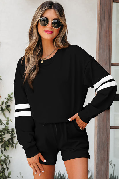 Black Varsity Striped Sleeve Drop Shoulder Sweatshirt and Short Set
