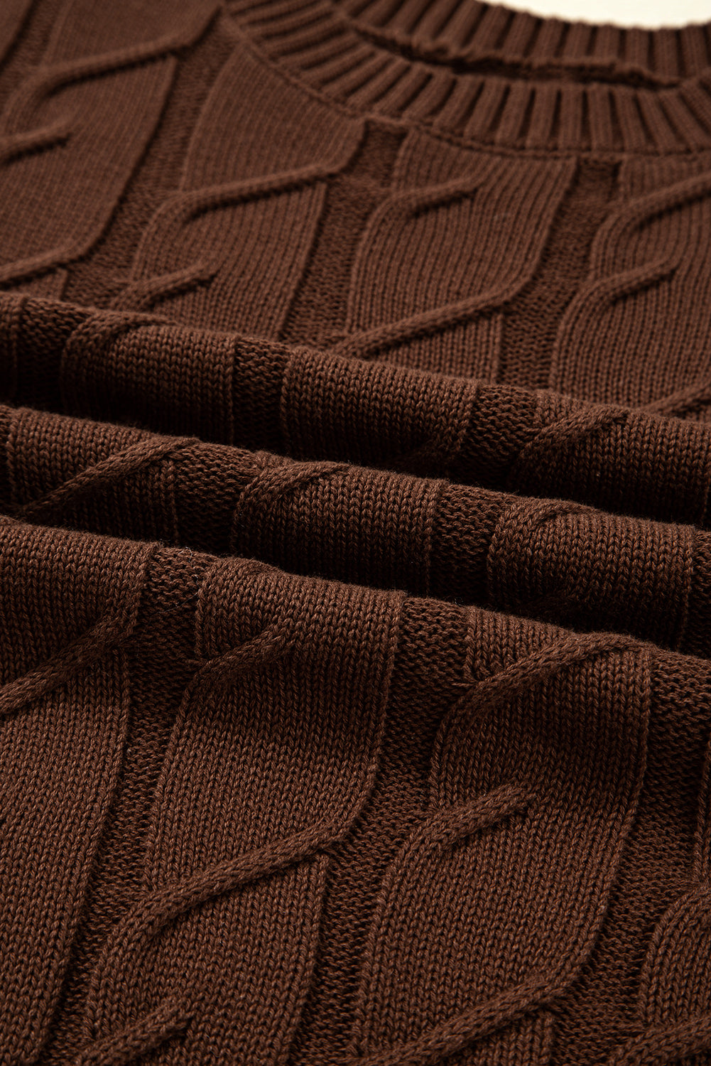 Dark Brown Cable Texture Crew Neck Short Sleeve Sweater Top