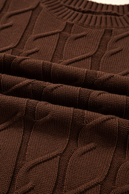 Dark Brown Cable Texture Crew Neck Short Sleeve Sweater Top