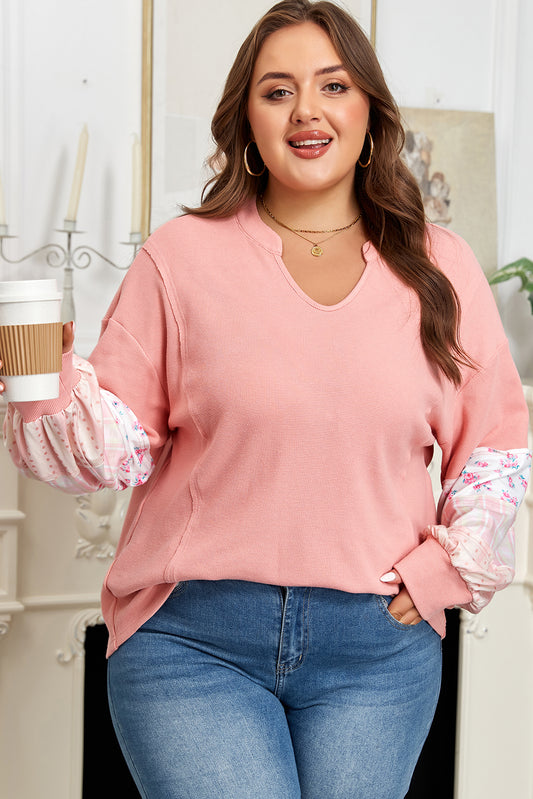 Pink Floral Sleeve Patchwork Waffle Knit Notched V Neck Plus Size Top