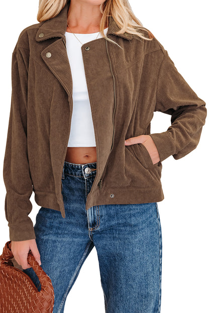Dark Khaki Button Zip Up Lapel Collar Corduroy Jacket