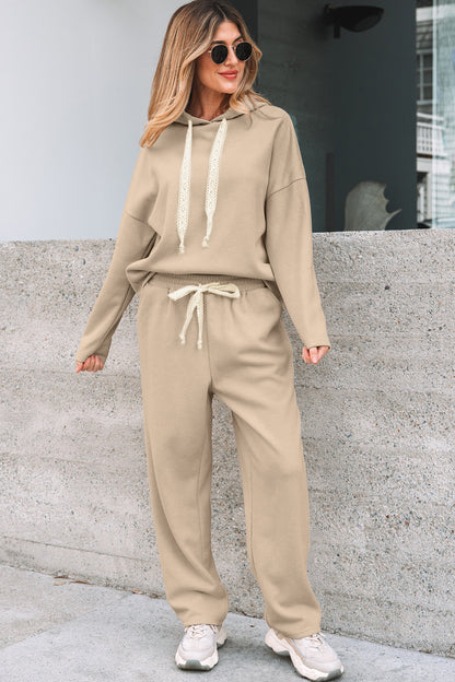 Jet Stream Lace Drawstring Pullover Hoodie and High Waist Pants Corduroy Suit