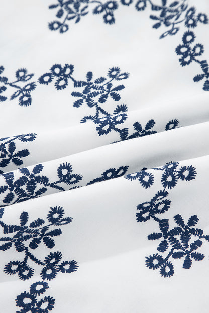 Blue Lace Patchwork Floral Bubble Sleeve V Split Neck Blouse