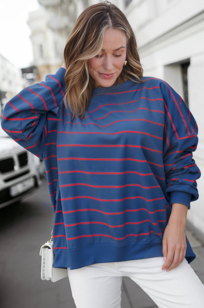 Blue Stripe Stylish Overlap Detail Drop Shoulder Pullover Sweatshirt