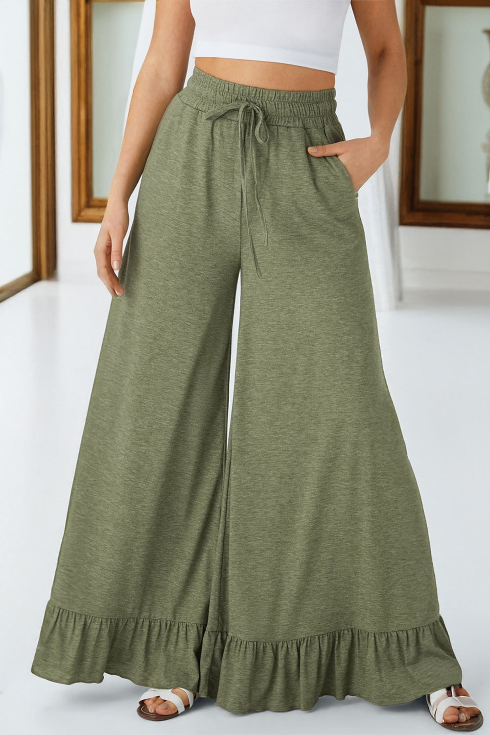 DUNE Ruffled Wide Leg Pull On High Waist Pants with Pockets