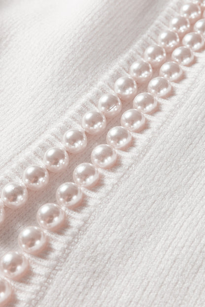 White Pearl Embellished Open Front Elegant Cardigan