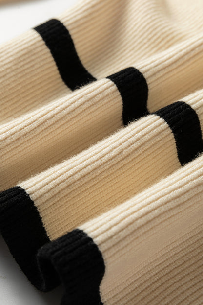 Beige Ribbed Knit Contrasted Stripe Detail Button Side Loose Sweater