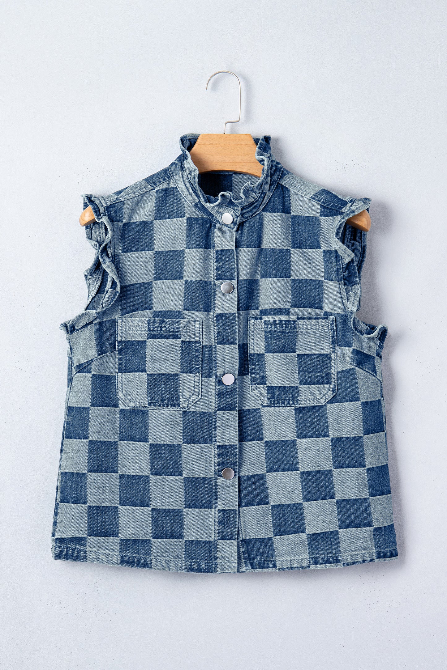 Beau Blue Checkered Ruffle Trim Button Down Denim Vest