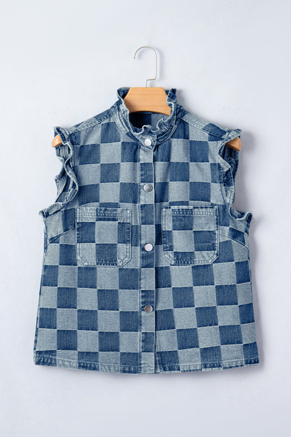 Beau Blue Checkered Ruffle Trim Button Down Denim Vest