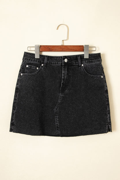 Carbon Grey Mineral Wash Ripped Raw Hem Denim Mini Skirt