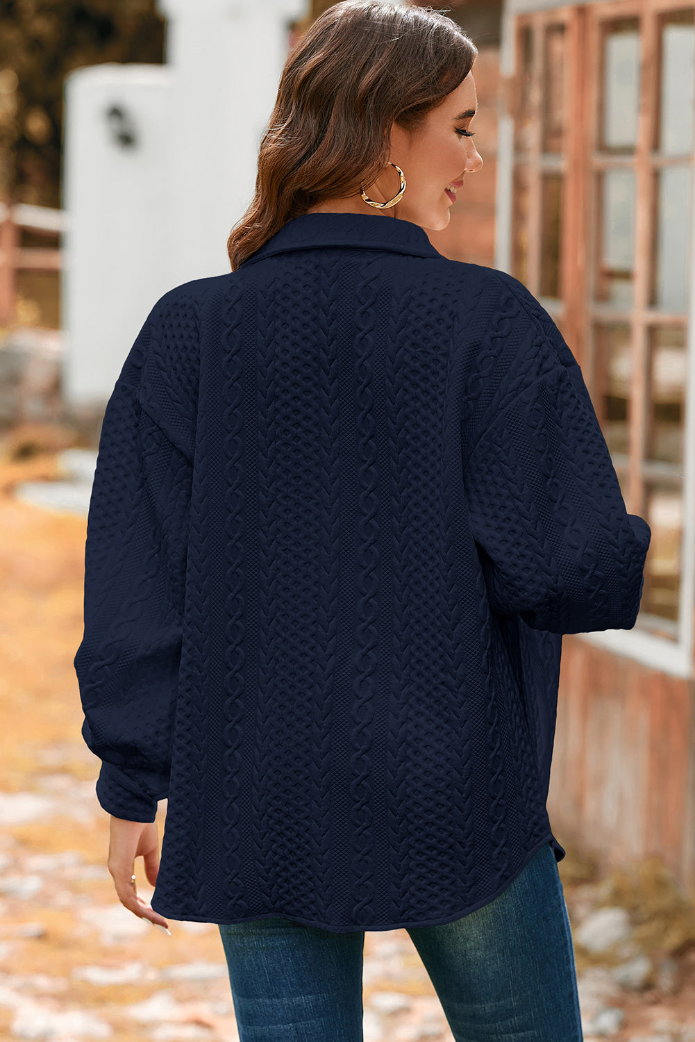 Black Cable Texture Puff Sleeve Loose Shacket