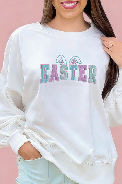 White Easter Bunny Ear Embroidered Pullover Sweatshirt