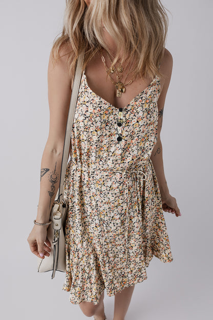Khaki Boho Floral Printed Tie Waist Flared Sundress