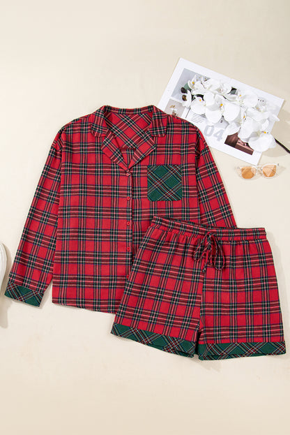 Red Plus Size Plaid Contrast Patchwork Long Sleeve Shirt and Shorts 2pcs Pajama Set