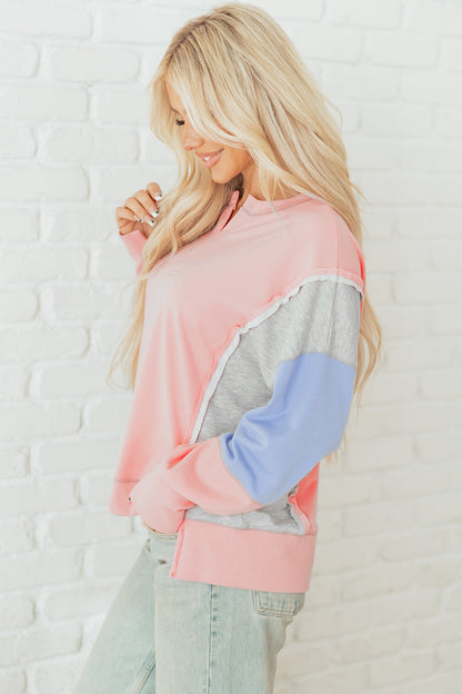 Apricot Pink Exposed Seam Color Block Patchwork Slit Cuffs Oversize Sweatshirt
