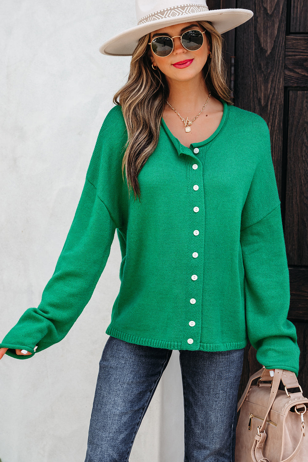 Bright Green Solid Color Knit Button Drop Shoulder Sweater Cardigan