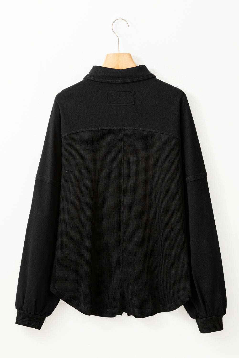 Black Waffle Knit Patchwork Exposed Seam Loose Shacket