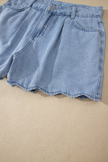 Myosotis Solid Color Scalloped Trim Casual Denim Shorts