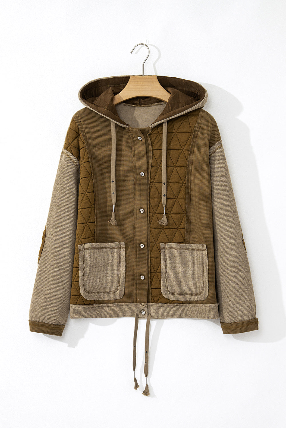 Beige Quilted Textured Patchwork Loose Fit Hooded Jacket
