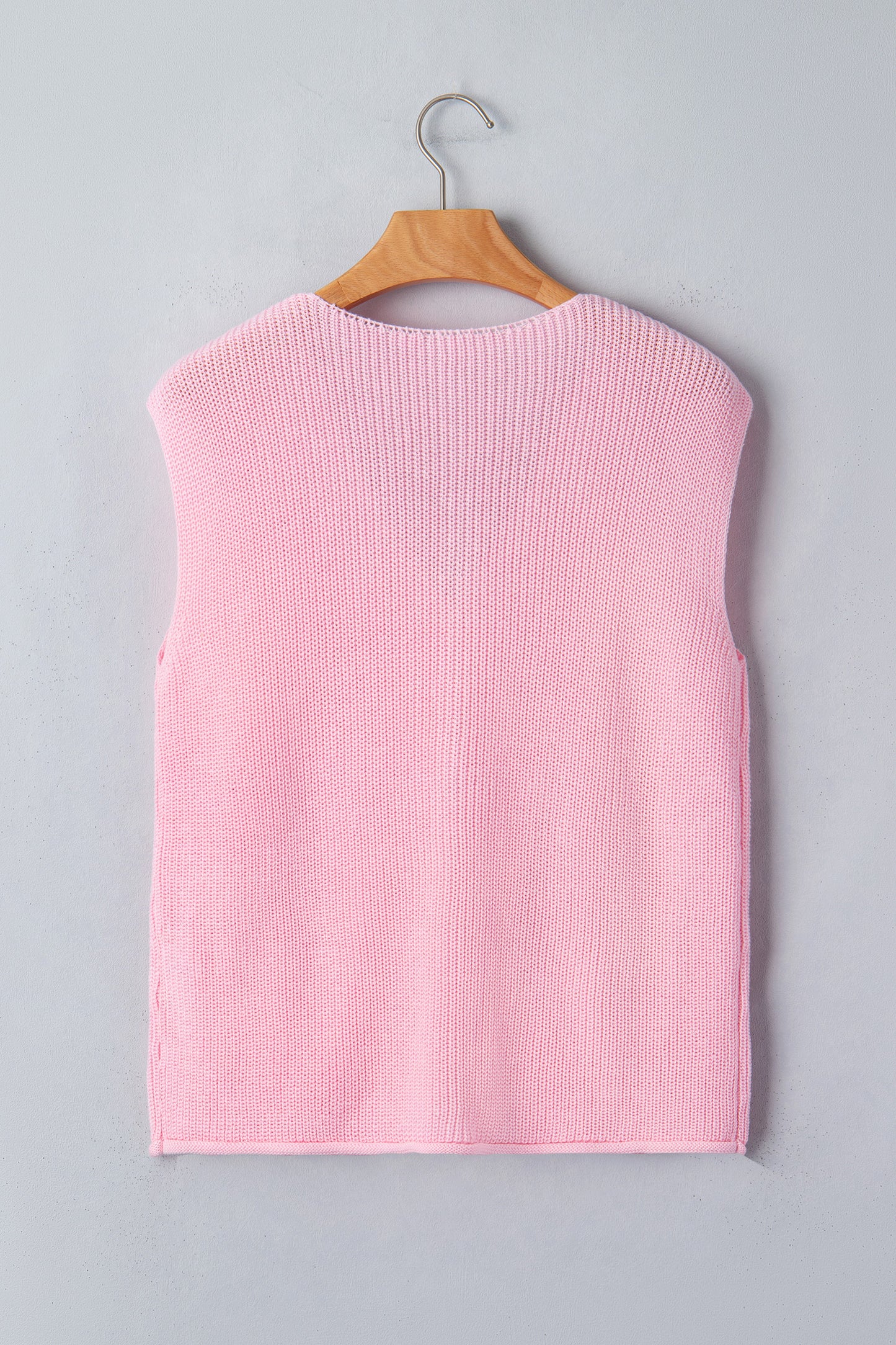 Pink Solid Color Knit V Neck Button Front Sweater Vest