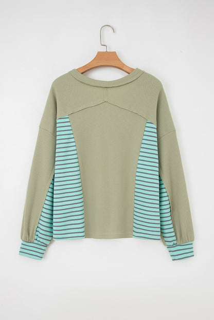 Dusk Blue Exposed Seam Waffle Striped Patchwork Baggy Pullover
