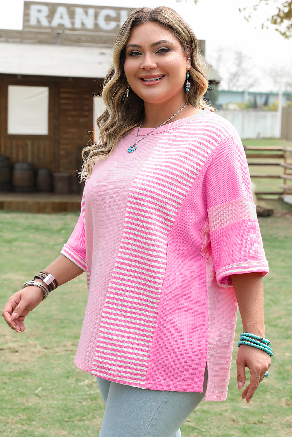 Pink Stripe Patchwork Colorblock Plus Size T Shirt