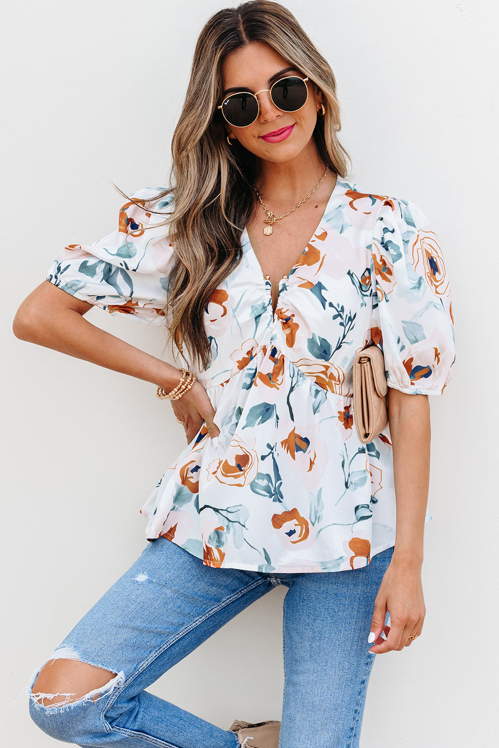 Green Floral Print Puff Sleeve V Neck Babydoll Blouse