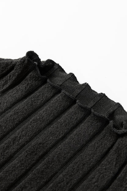 Black Ribbed Knit Slim Bodice Contrast Flared Skirt Patchwork Belted Dress