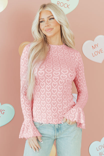 Gossamer Pink Heart Jacquard Flare Sleeve Mock Neck Fitted Top