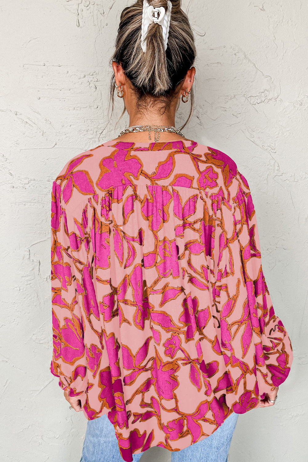 Rose Floral Print Batwing Sleeve Buttoned Loose Fit Shirt