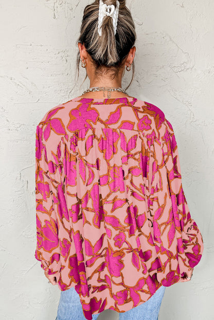 Rose Floral Print Batwing Sleeve Buttoned Loose Fit Shirt