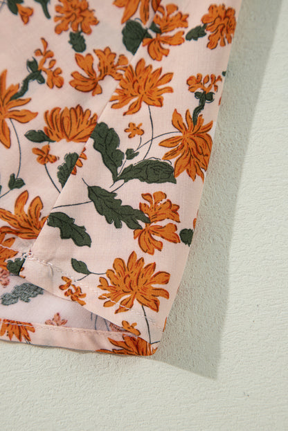 Beige Floral Deep V Neck Smocked Bust Bubble Sleeve Babydoll Dress