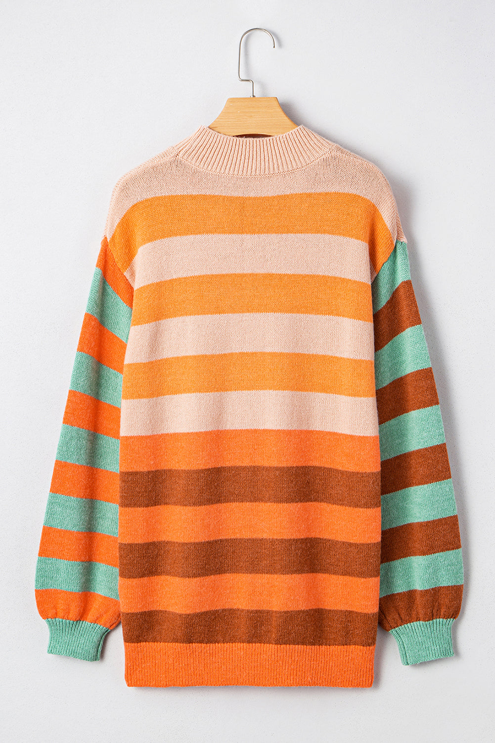 Orange Stripe Color Block High Neck Drop Shoulder Cozy Sweater