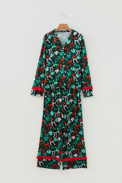 Green Festive Bow Print 2pcs Pajama Pant Set