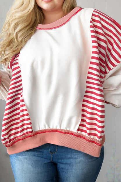 Red Stripe Color Block Patchwork Seam Detail Plus Size Sweatshirt