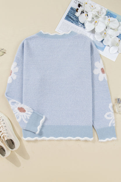 Gray Fuzzy Flower Scalloped V Neck Plus Sweater