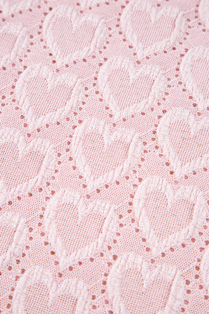 Gossamer Pink Heart Jacquard Flare Sleeve Mock Neck Fitted Top