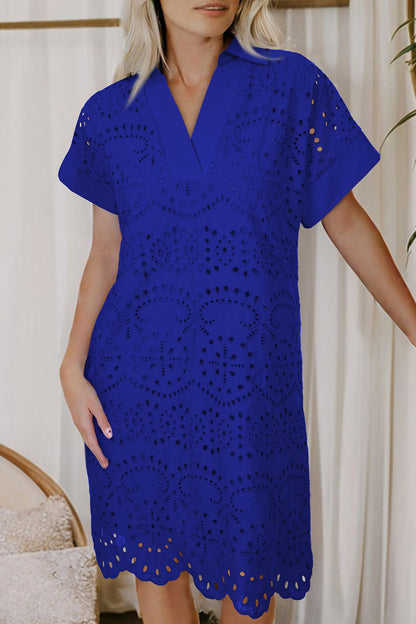 Dark Blue Solid Color Eyelet Embroidered T Shirt Mini Dress
