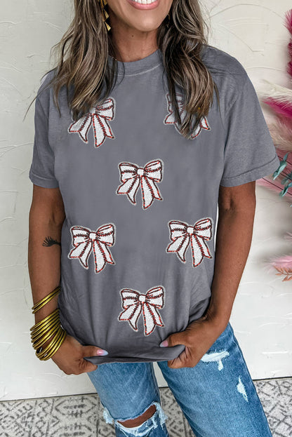 Gray Sequin Bow Baseball Fashion Graphic Tee