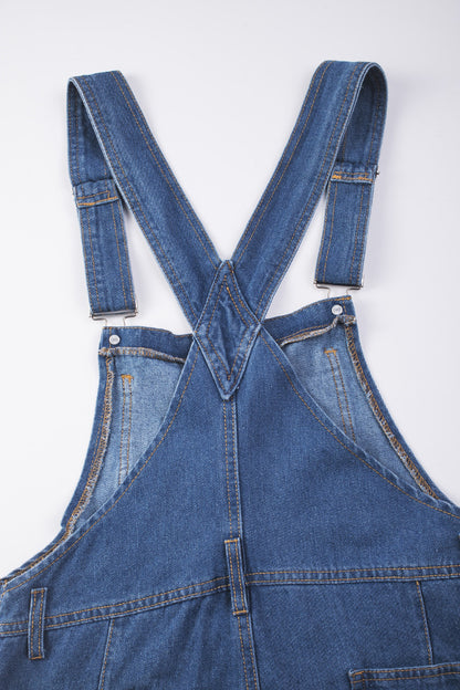 Dark Blue Retro Bib Pocket Buckle Straps Casual Denim Jumpsuit