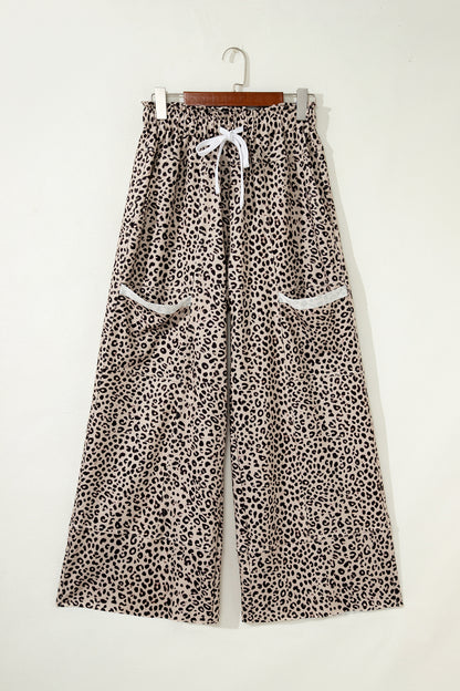 Khaki Animal Print Wide Leg Terry Knit Pants