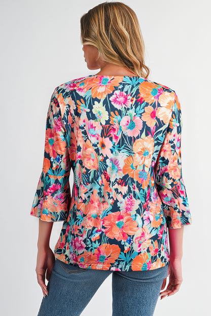Black Floral 3/4 Flare Sleeve Tied V Neck Blouse