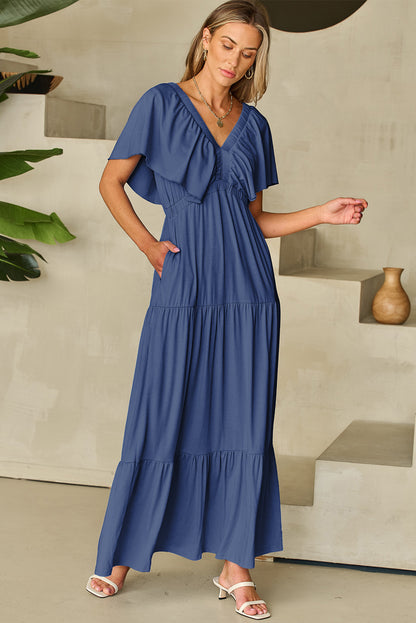 Grass Green Textured V Neck Flutter Sleeve Ruffled Maxi Dress