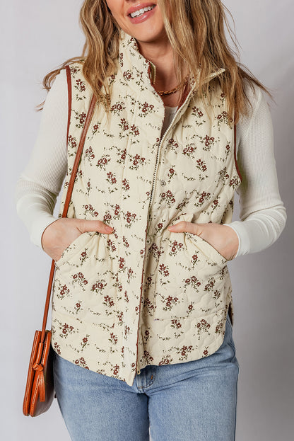 Apricot Floral Print Zip Up Quilted Vest