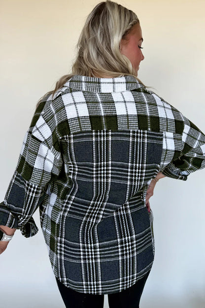 Black Plaid Print Textured Knit Buttoned Shacket