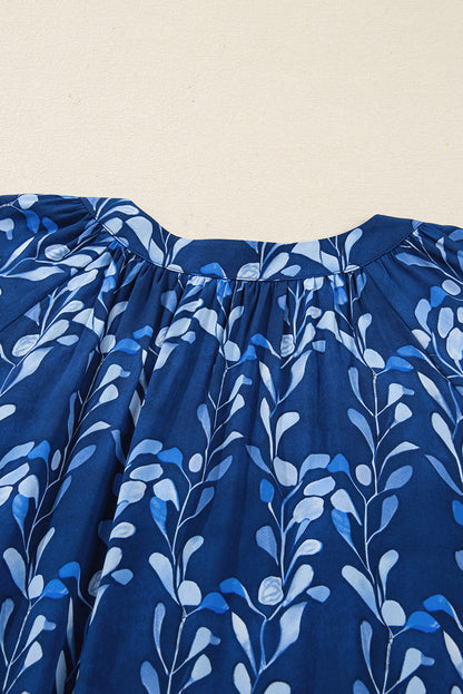 Blue Botanical Print Bracelet Sleeve Notched Neck Blouse