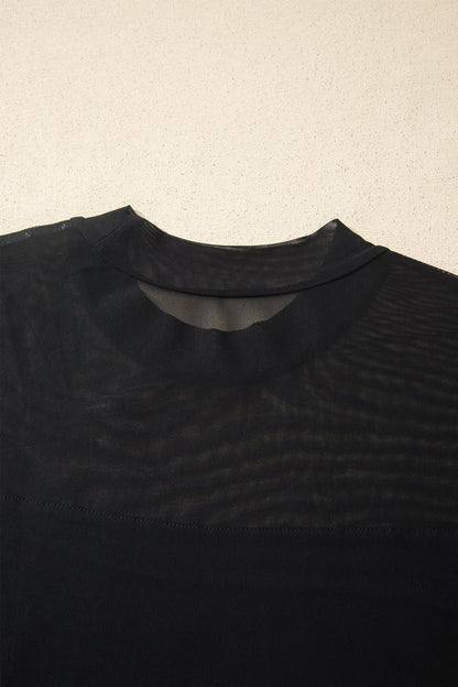 Black Plus Size Sheer Mesh Panel Short Sleeve Top
