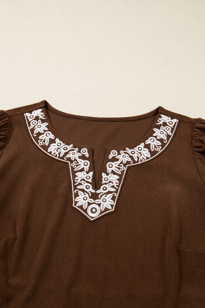 Coffee Embroidered Notched Neckline Textured Pleated High Waist Plus Size Midi Dress