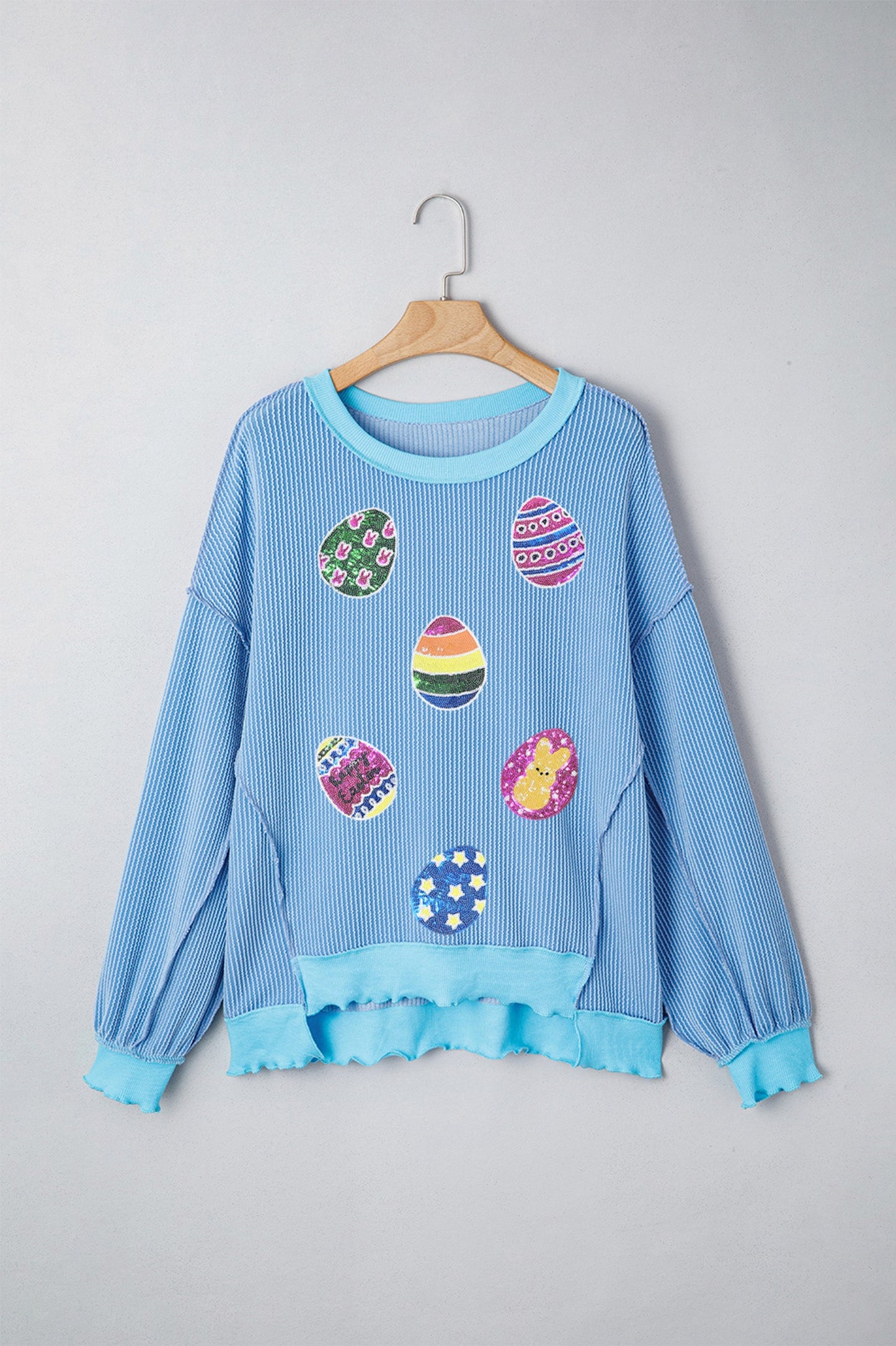 Myosotis Sequin Easter Eggs Twisted Rib Exposed Seam Color Block Top