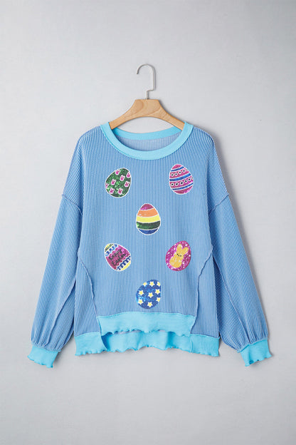 Myosotis Sequin Easter Eggs Twisted Rib Exposed Seam Color Block Top